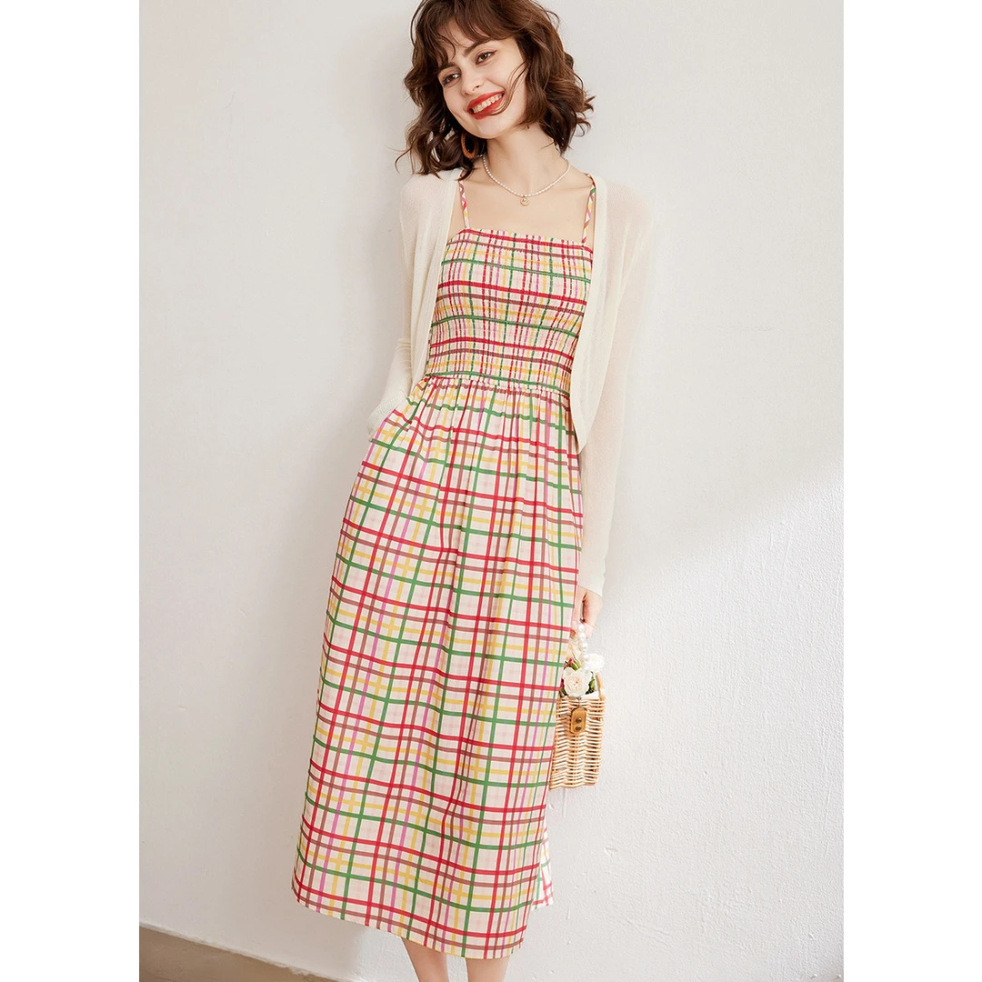 【商场同款新品】白鹿语披肩彩格两件套甜美吊带裙针织套装ZYU20102