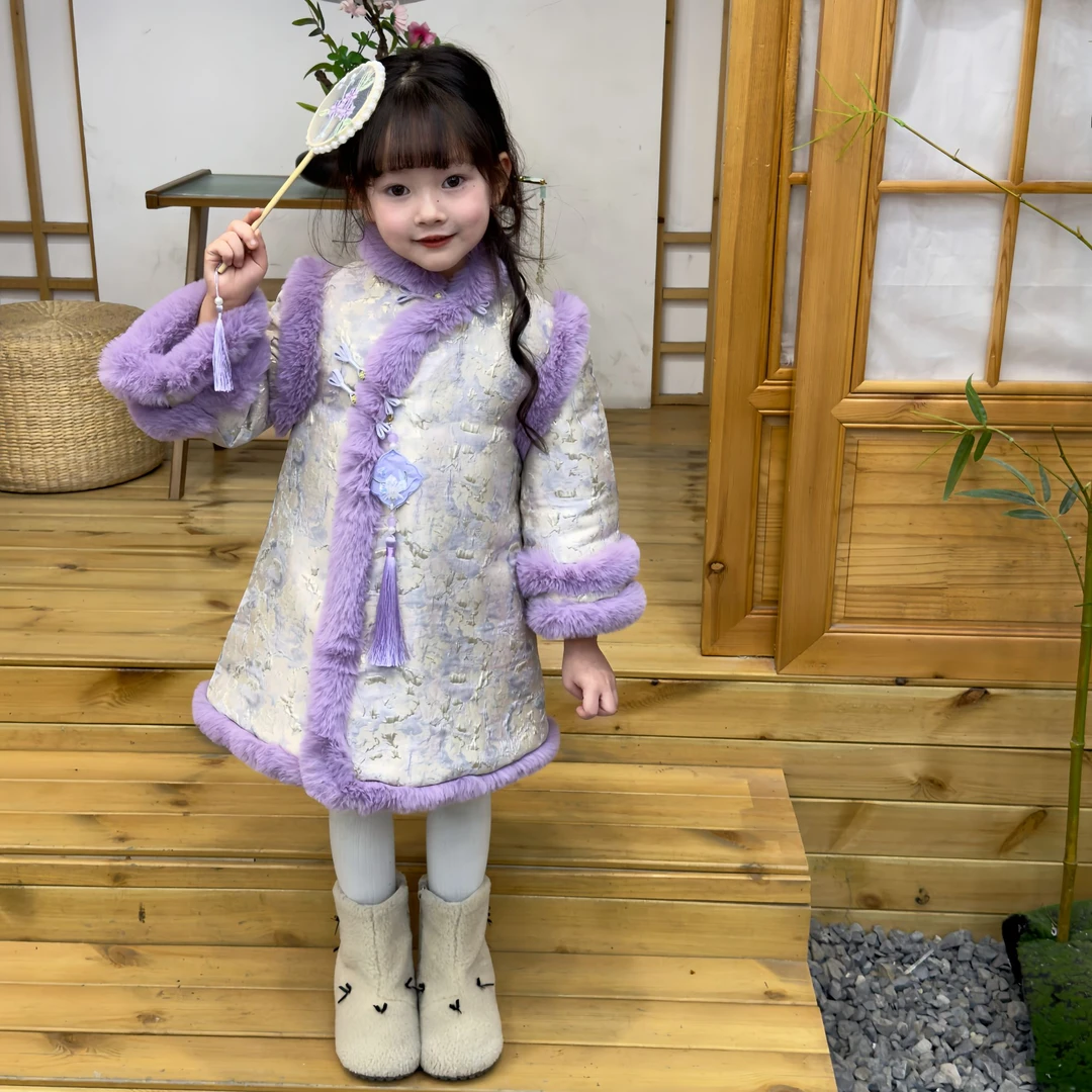 MOMOCO冬季女童新中式裙富贵毛毛连衣裙加棉裙拜年服75830471008