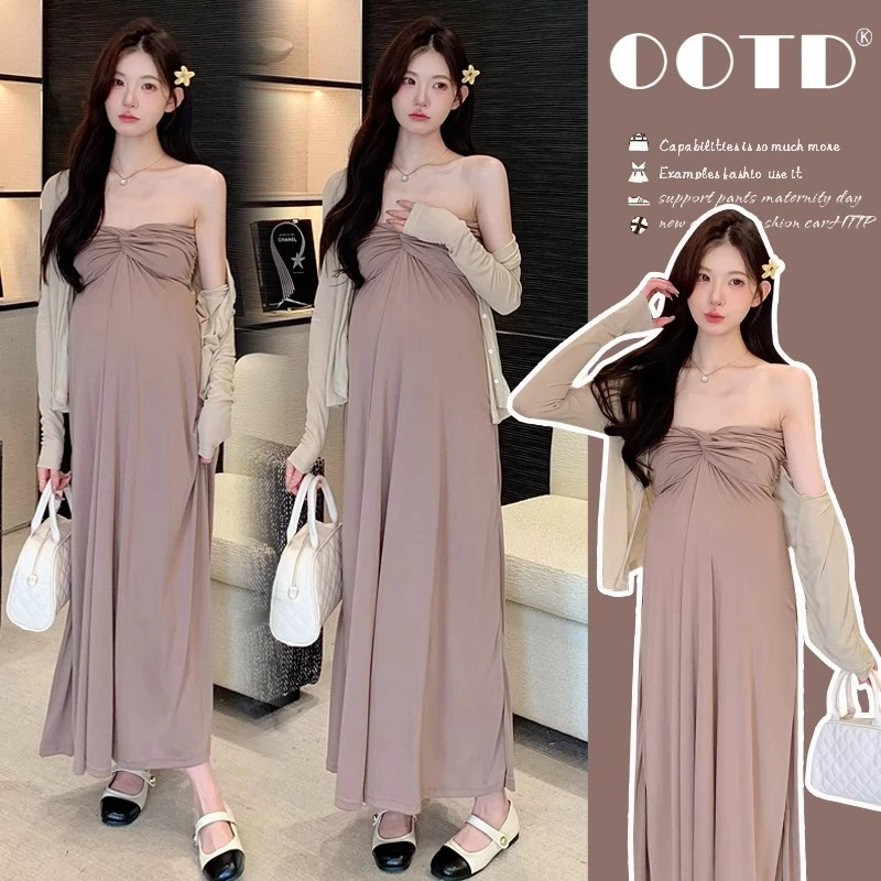 孕妇装夏连衣裙高级感2025新款孕期法式穿搭抹胸性感辣妈礼服长裙