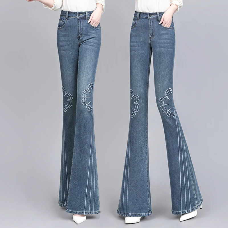 休闲修身型国风刺绣喇叭裤喇叭显瘦弹力新款牛仔裤高腰春秋长裤
