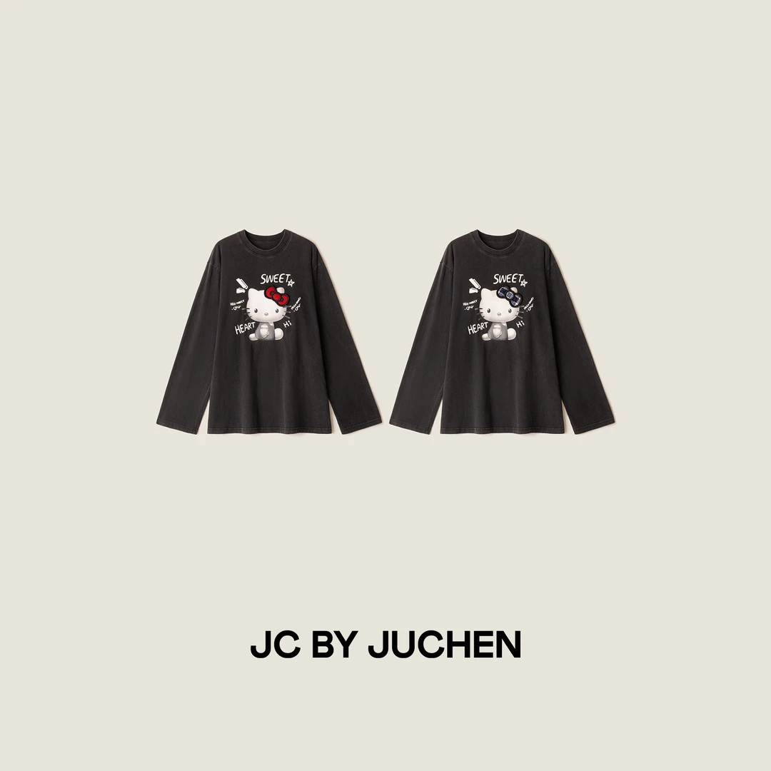 魔术贴凯蒂kitty猫水洗黑灰印花宽松百搭长袖T恤 FW117036-195