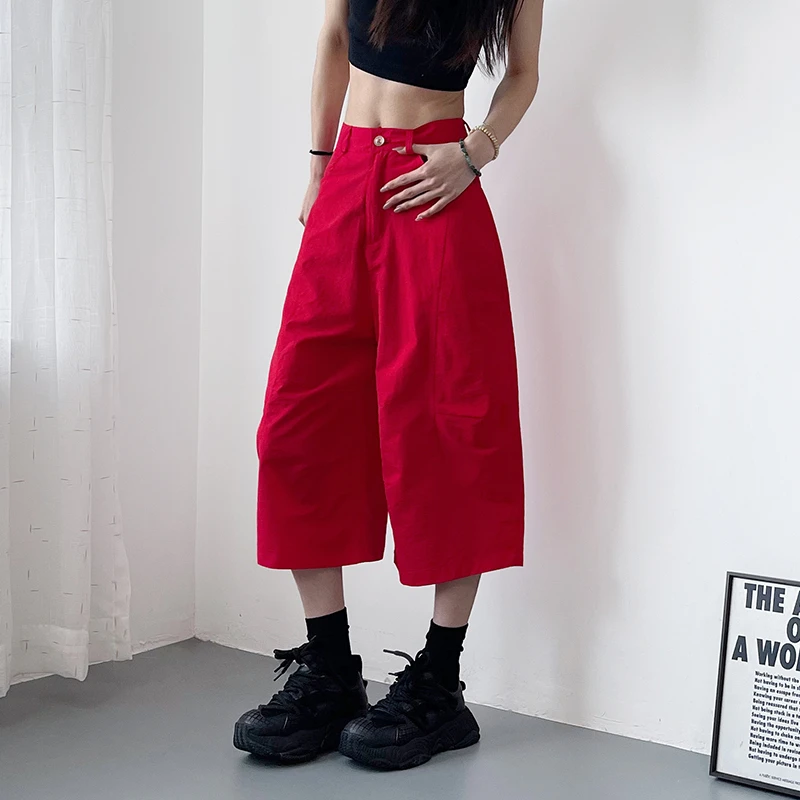 大码红色冰丝西装短裤女夏季胖mm宽松清凉显瘦遮肉休闲阔腿七分裤