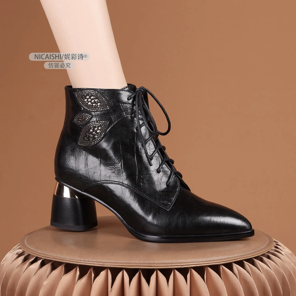 2025年新款欧美时尚气质粗跟短靴尖头洋气系带舒适百搭女靴3416