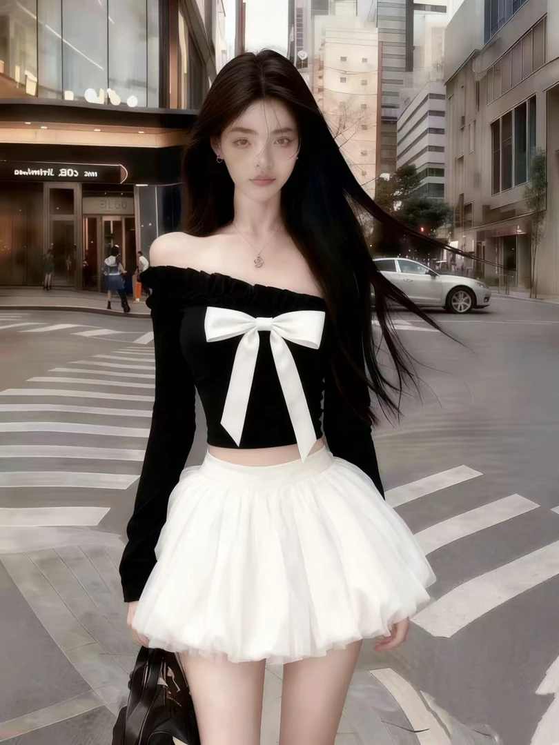 时尚千金风黑色斜领露肩抹胸短款长袖上衣+白色网纱半身裙两件套