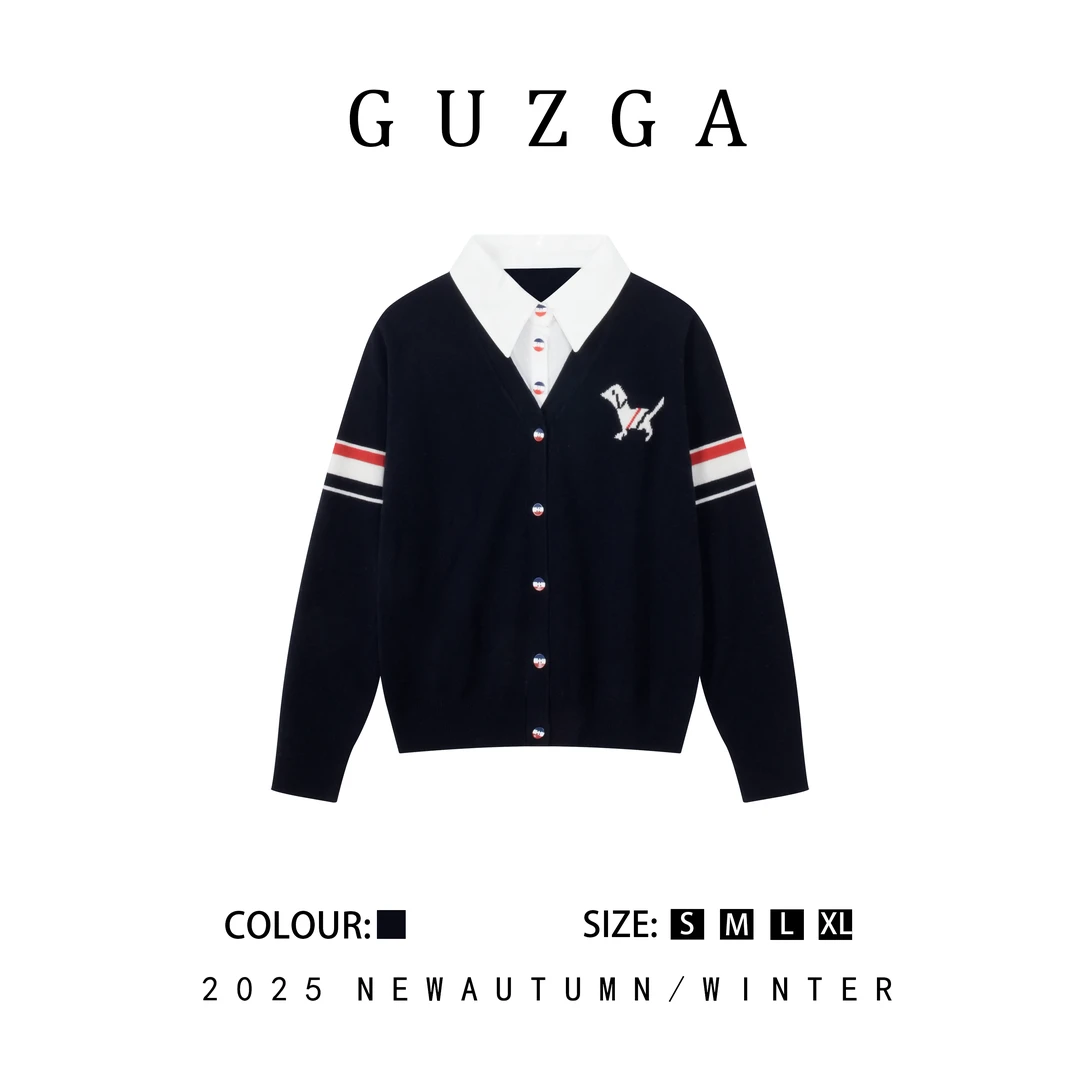 GUZGA【见春陈词】2025秋季上新轻奢翻领假两件针织衫时尚百搭简约