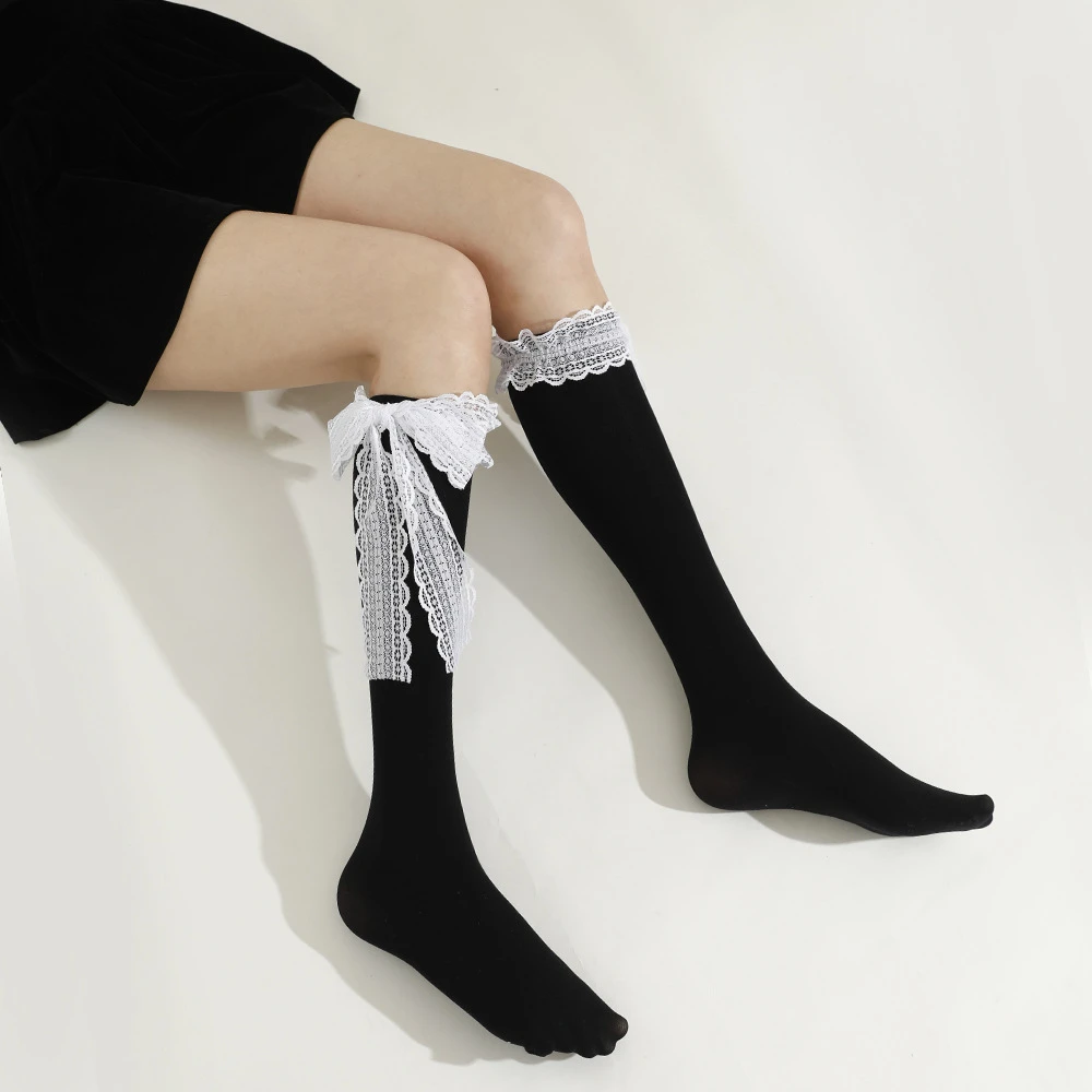 洛丽塔春夏薄款蕾丝蝴蝶结小腿袜日系少女白色系带花边显瘦中筒袜