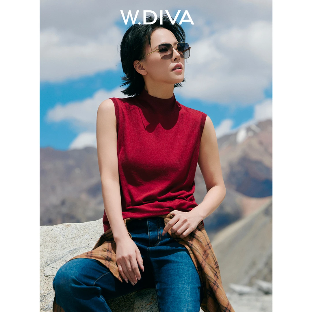 W.Diva【拓扑】桑蚕丝针织背心莱赛尔羊毛半高领无袖慵懒53Z042584