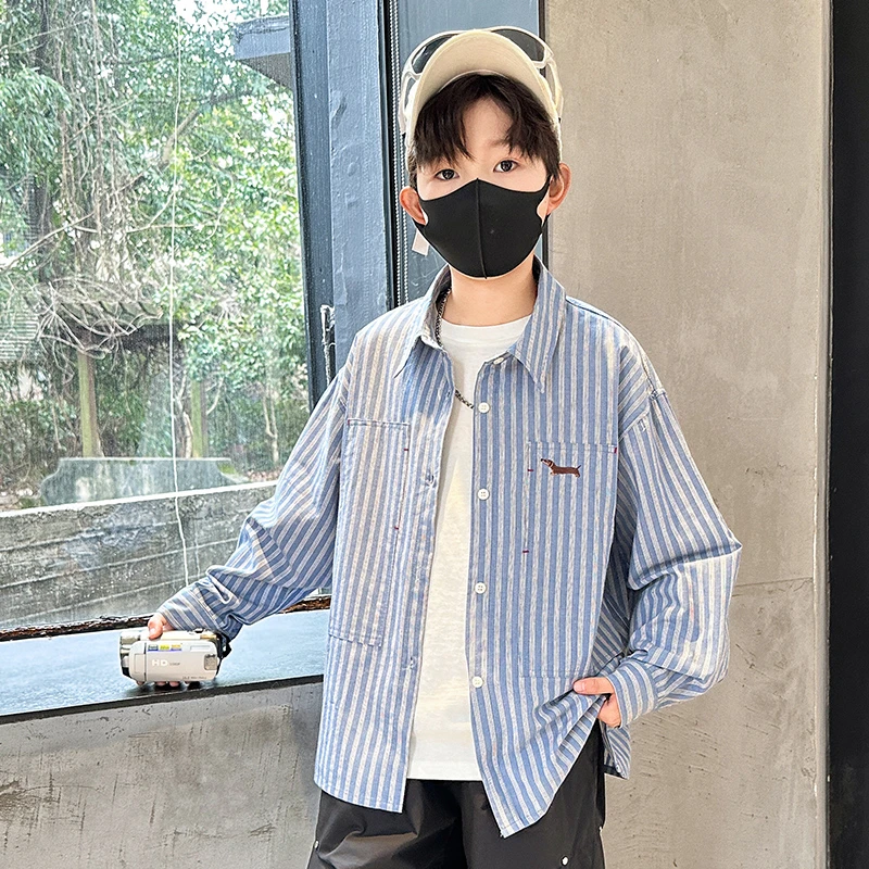 童装男童条纹衬衫2025春秋新款男孩上衣秋季儿童衬衣帅气休闲外套