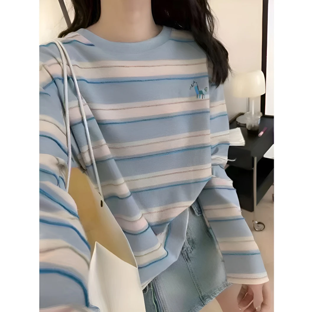 清仓「慵懒风」外贸原单【男女同款】纯棉多巴胺条纹春秋款长袖25005