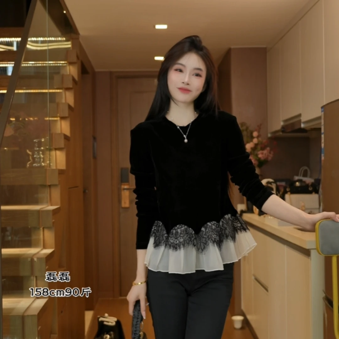 磊磊【秋水如梦】丝绒上衣 弹力收腰拼蕾丝花边设计丝绒上衣#88193