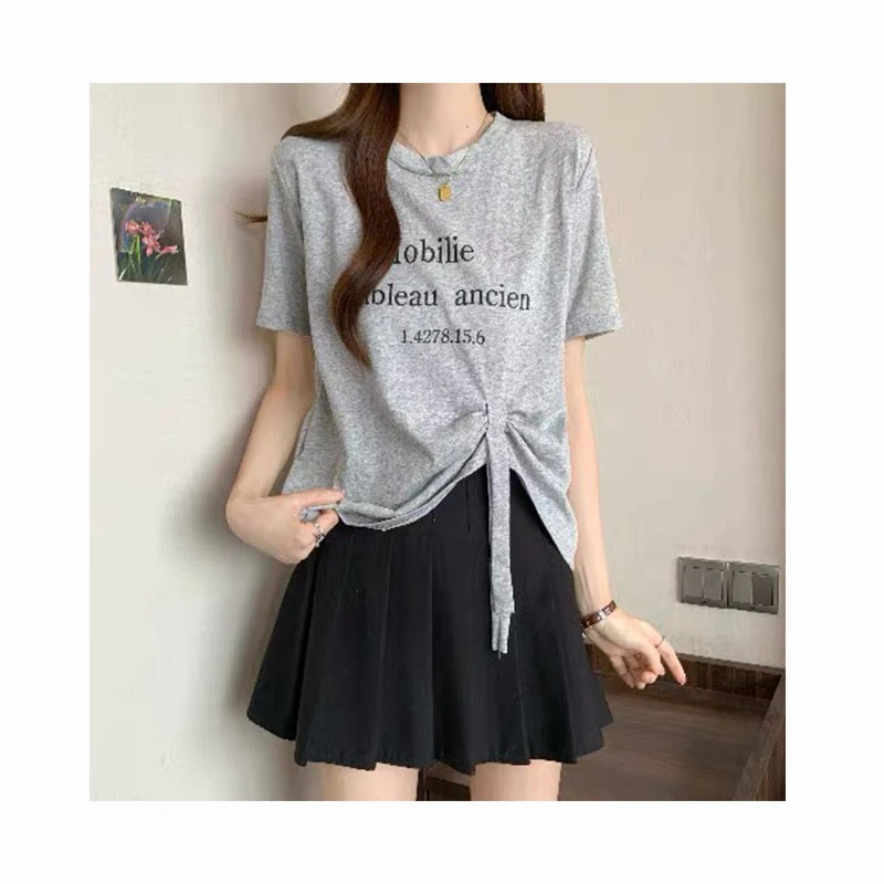 阿球【休闲系带T】夏季新款微胖短袖百搭女上衣韩系棉T恤