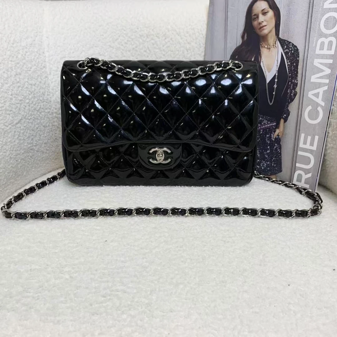 99新 Chanel/香奈儿 壹臻/黑银漆皮Jumbo 17开斜挎包/29742954
