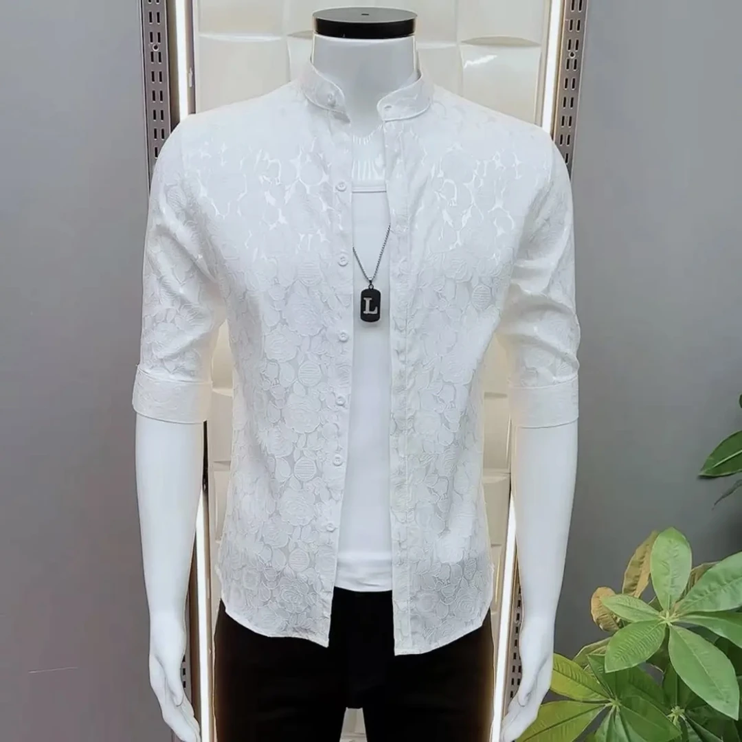 男休闲潮流短袖衬衣常规立领时尚衬衫韩版夏季男士夏季提花衬衫潮