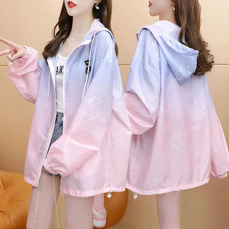 夏季薄款外搭渐变色防晒衣女中长款2025新款宽松防紫外线连帽外套