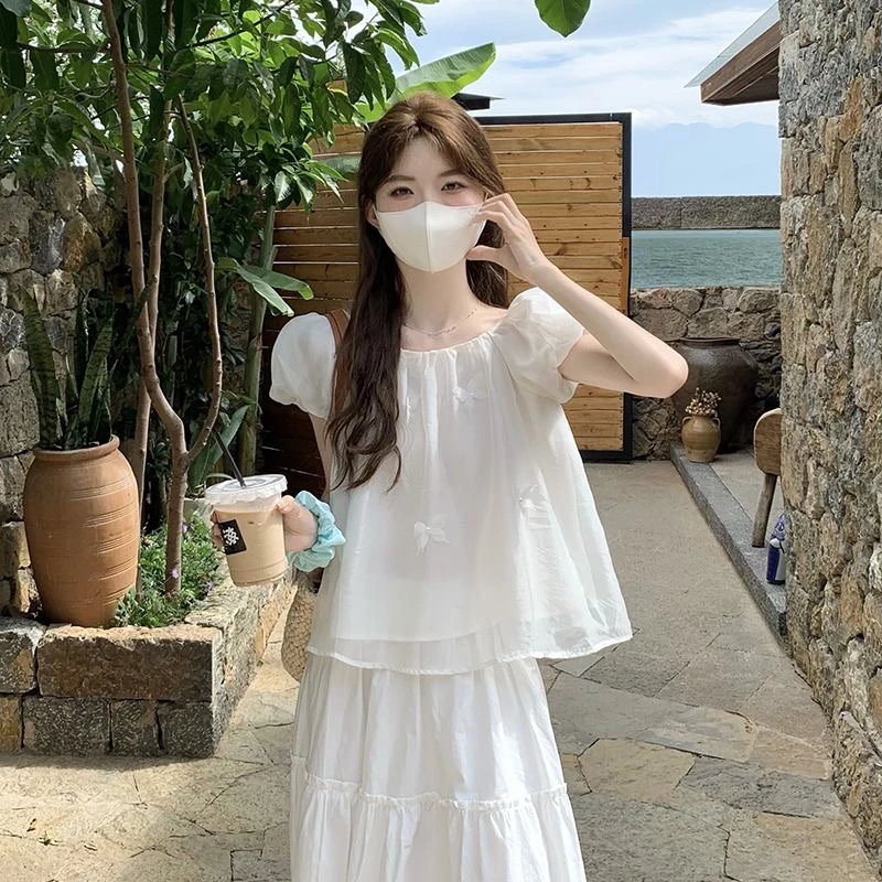 白色泡泡袖雪纺上衣女夏法式娃娃衫短款洋气小衫显瘦遮肉短袖衬衫