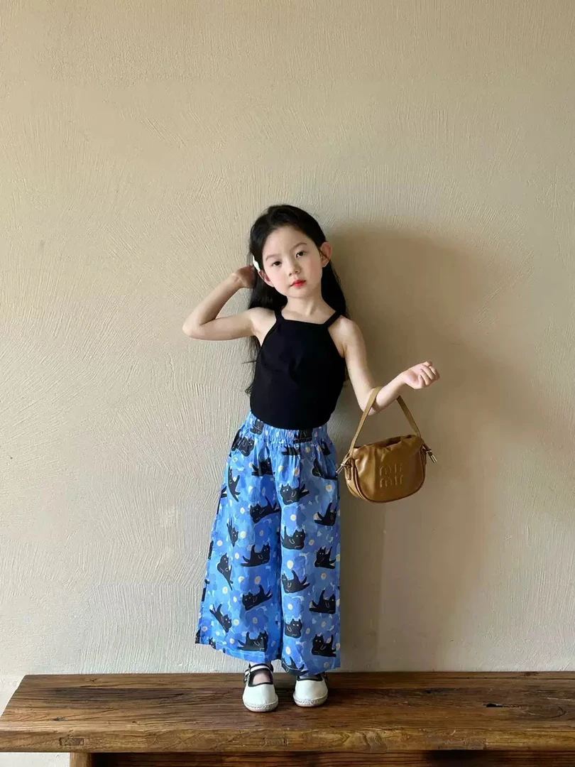 女童基础款背心2025夏季中小童百搭吊带女孩 猫咪印花裤子洋气