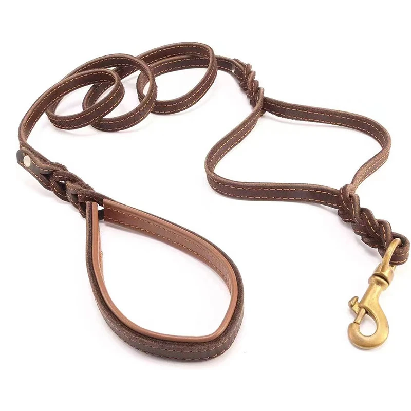 皮革双手柄牛皮牵引绳 铜钩金毛德牧大中型犬狗绳子 牛皮狗绳