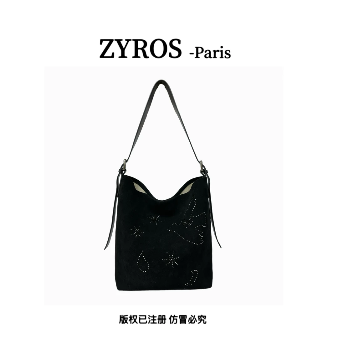 ZYROS/冬季新款黑色翻毛皮柳钉时尚百搭单肩斜跨通勤托特包女Z528