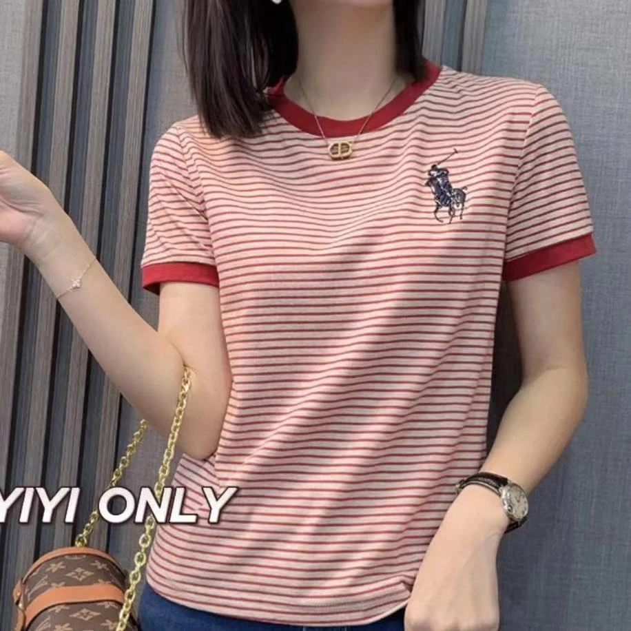 安格拉红「重工刺绣」条纹短袖新款气质减龄宽松显瘦洋气上衣25014