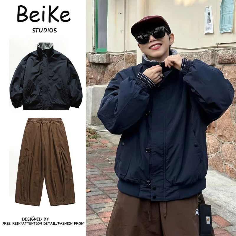 两件装/日系复古冬季bf短款羊羔毛保暖棉服男女立领棉衣工装棉袄