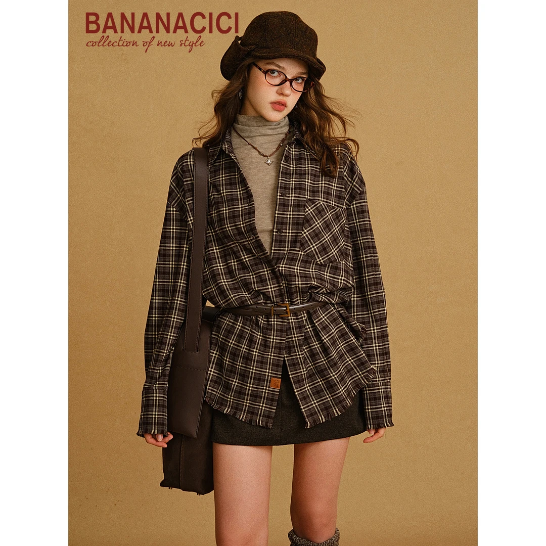 BANANA CICI2025年秋冬新款美式复古拉毛流苏格子情侣衬衫上衣