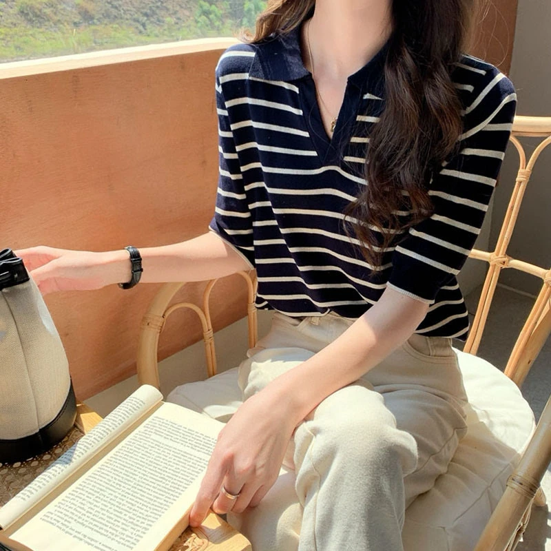 春季新款polo领韩系条纹V领显瘦洋气百搭针织短袖0882