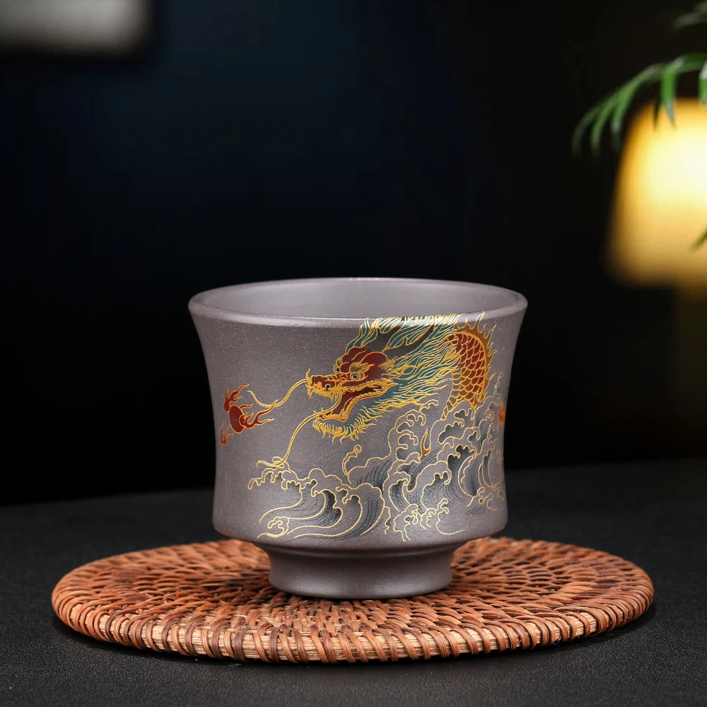 原矿紫砂主人杯 天青 描金珐琅彩 龙