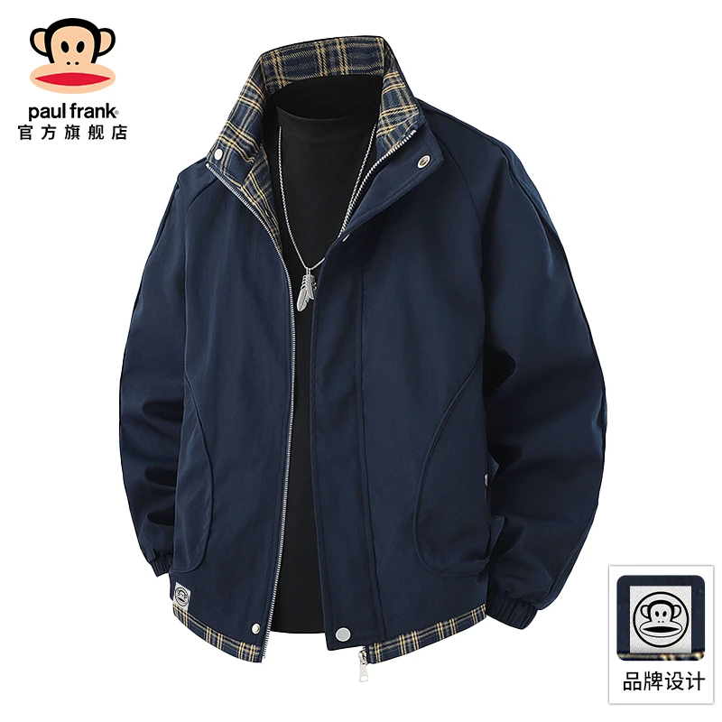 PaulFrank/大嘴猴美式撞色格子夹克男秋冬新款宽松立领棒球服外套