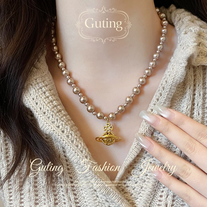 铜合金吊坠 6635香槟色珠珠土星吊坠项链女2025新款高级感锁骨链