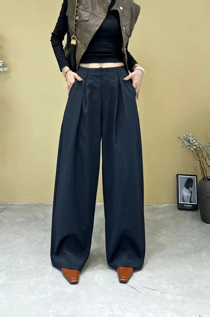 秋季休闲裤女装纯色长裤高腰显瘦阔腿裤时尚休闲黑色简约宽松百搭