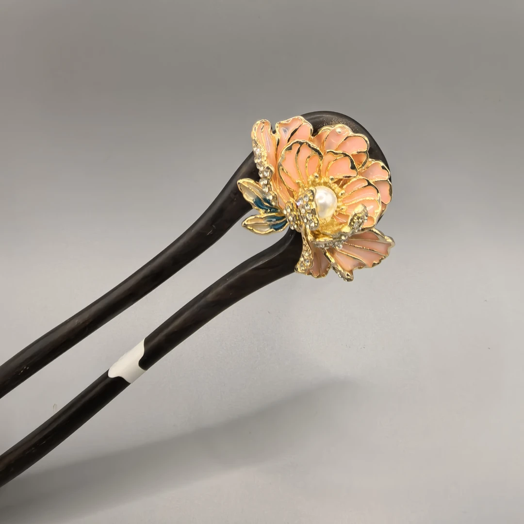 78手工百搭U型简约檀木发簪饰品发饰发簪子头饰国风古风牡丹花