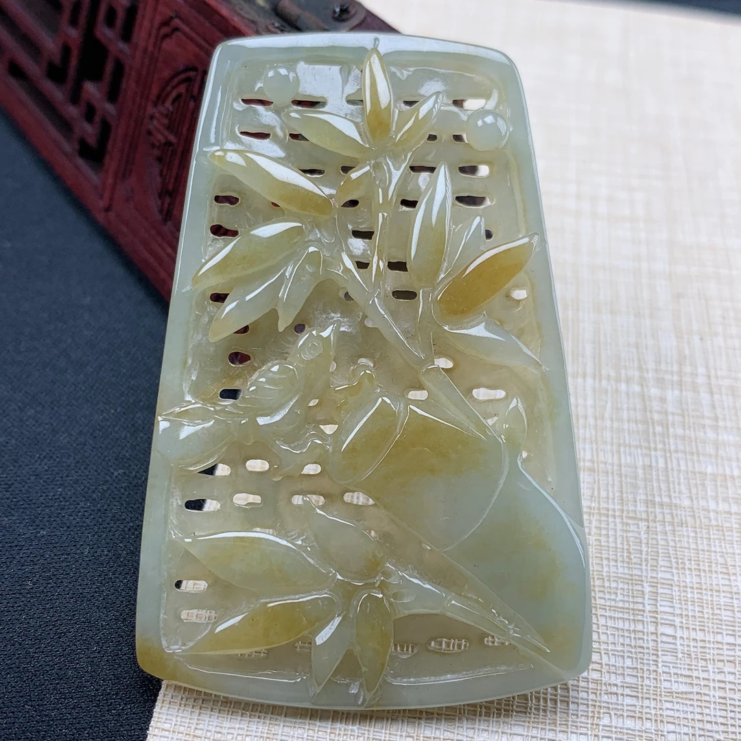 优惠缅甸纯天然A货翡翠老坑料精雕黄色竹节步步高升挂件吊坠