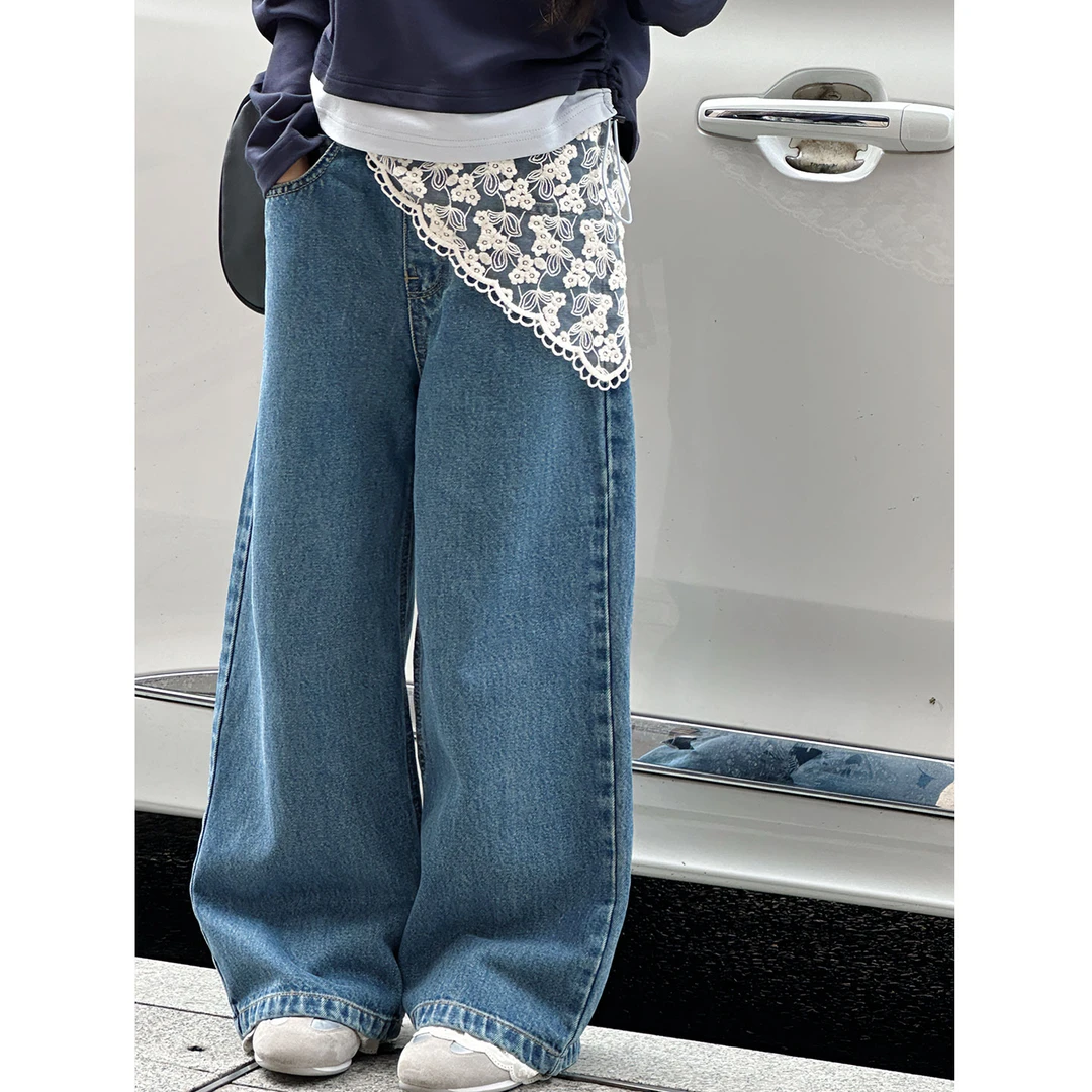 K29491孙小美蕾丝拼接女童牛仔裤2025秋装新款儿童裤子春秋休闲裤