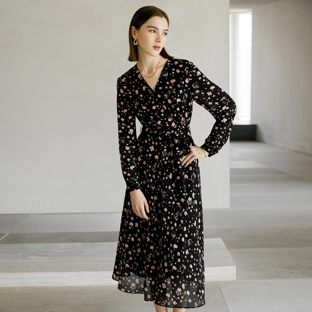 颜域复古长袖印花连衣裙女显瘦中长款减龄裙子