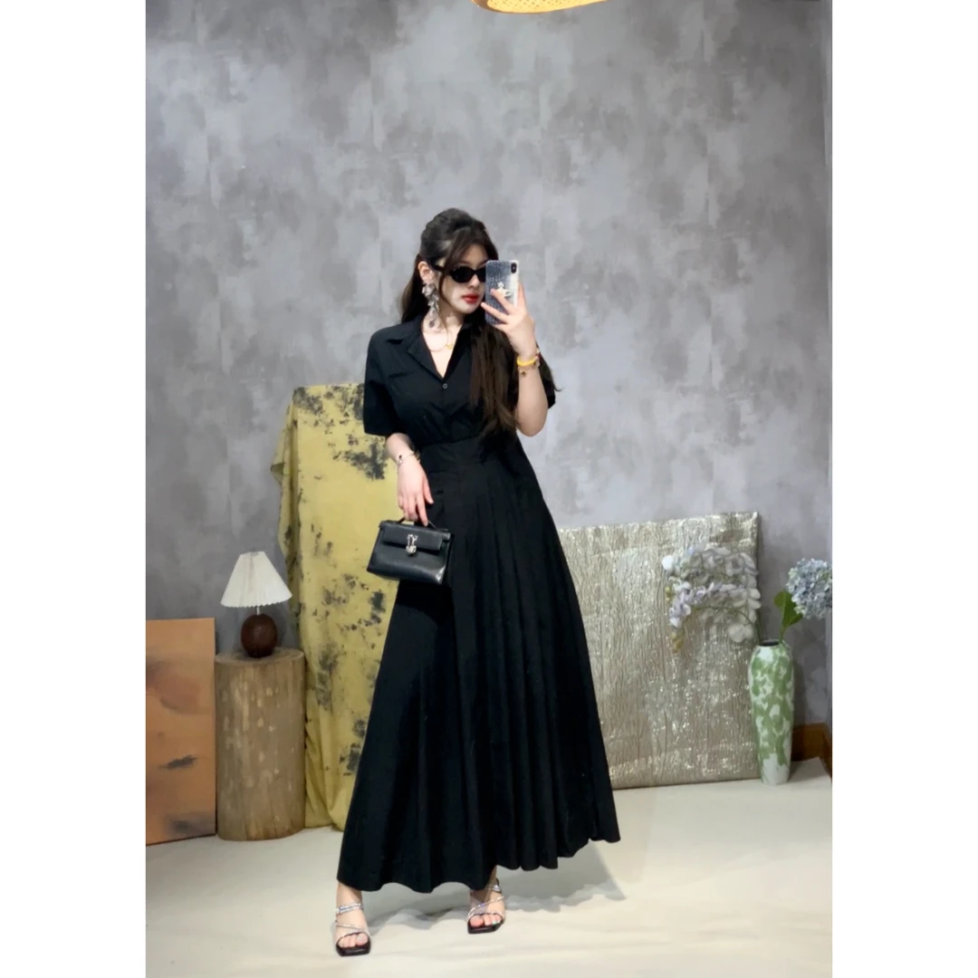 【秀智同款】微胖MM设计感夏秋衔接款掐腰显瘦翻领百褶连衣长裙女