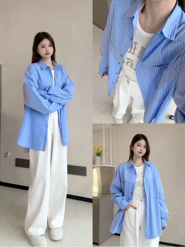 ANNEFLY上衣｜时尚翻领条纹百搭长袖衬衫1019