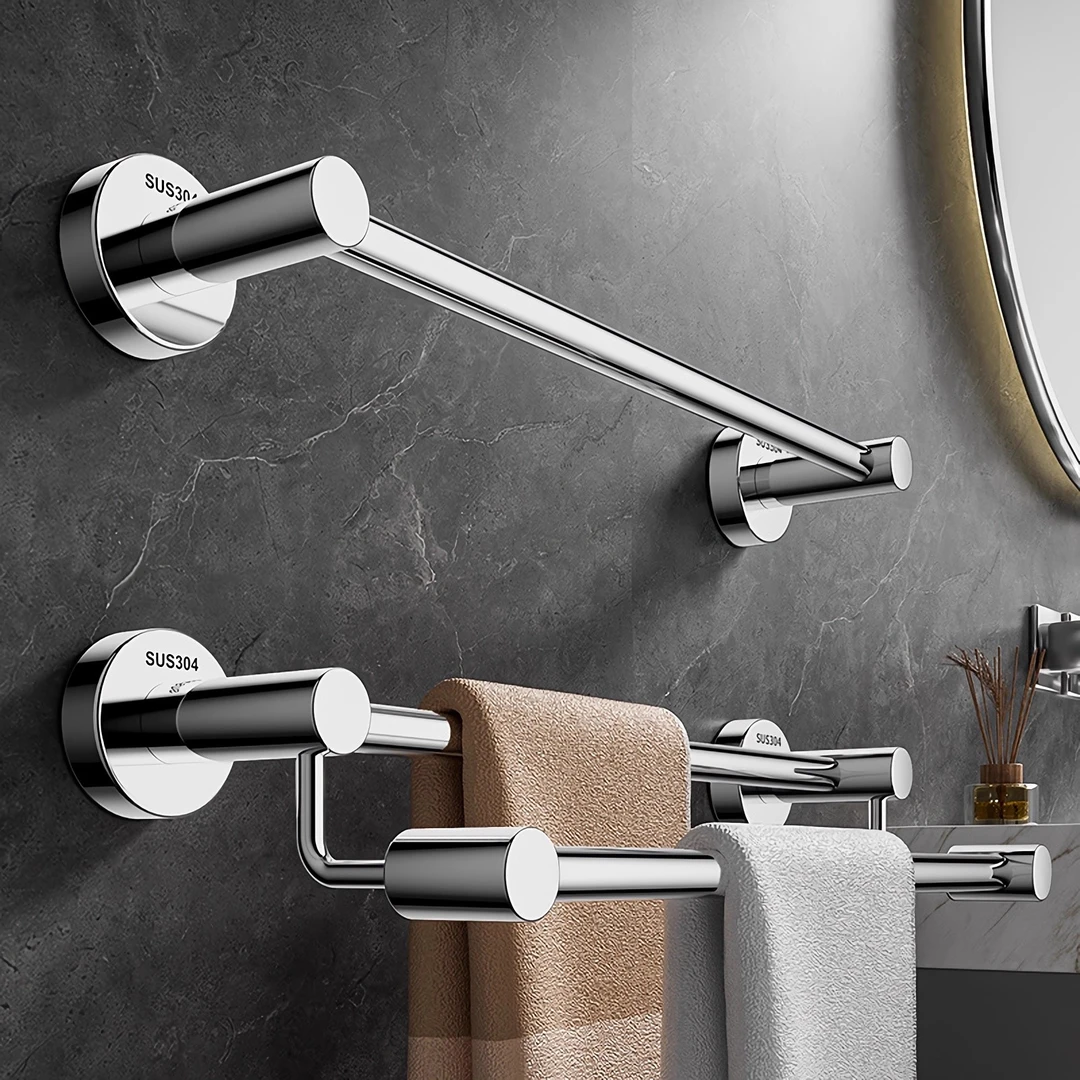 毛巾架304不锈钢卫生间免打孔毛巾杆单杆浴室挂杆双杆打孔浴巾架