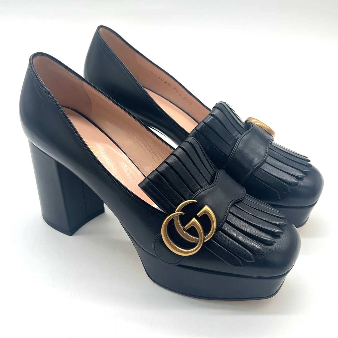 未使用 GUCCI/古驰 女鞋  黑色皮面流苏双G腰带时尚高跟鞋 多尺码