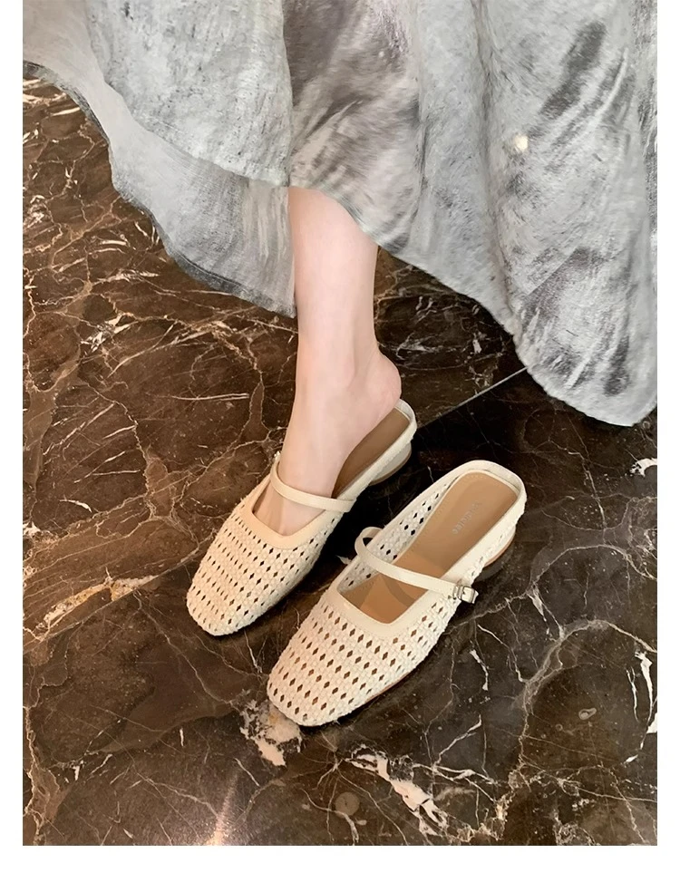 法式复古编织单鞋2025新款气质方头穆勒半拖鞋镂空大码女鞋41-43