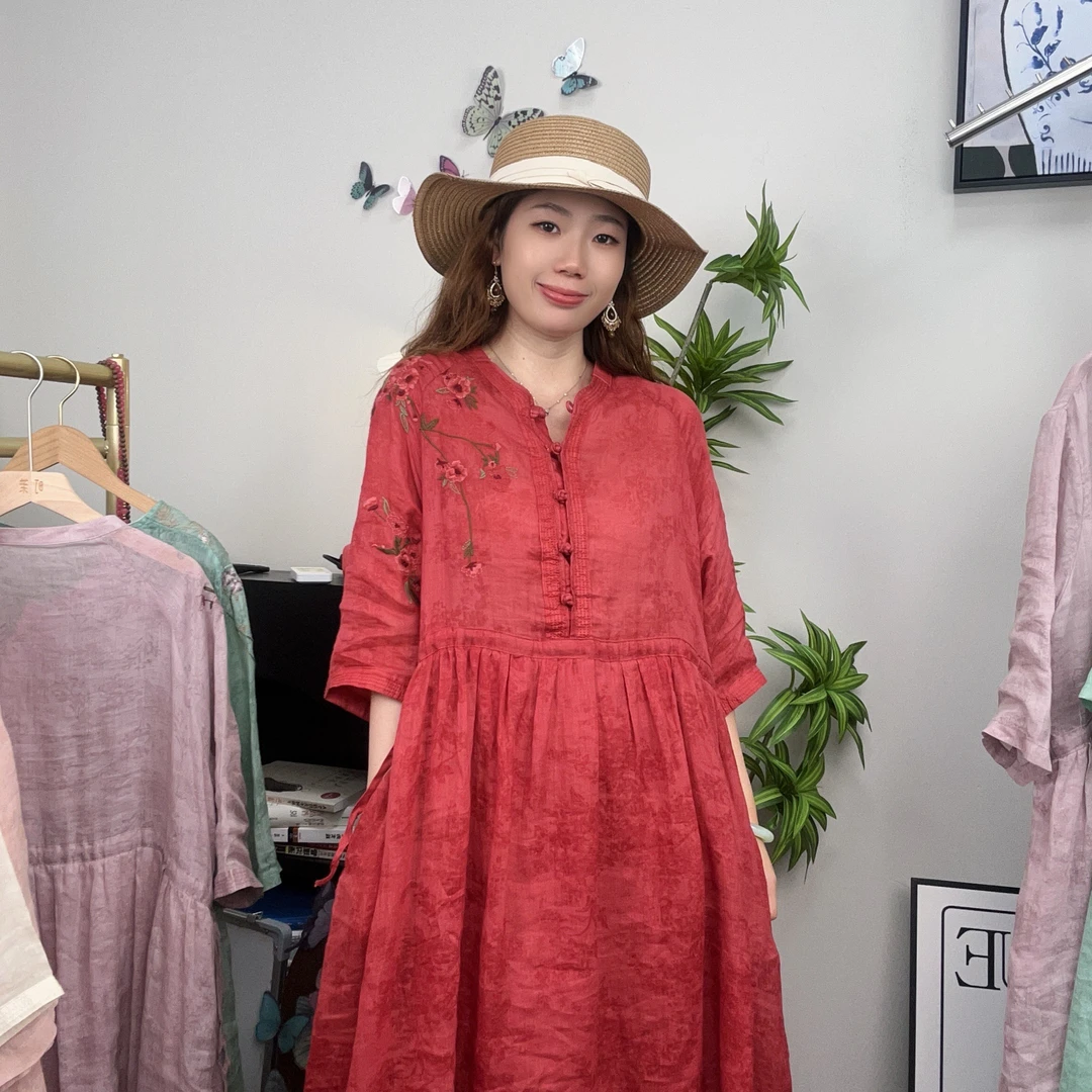 【蒋玲专属】纯色苎麻小立领肩部刺绣文艺宽松夏季显瘦半袖连衣裙女