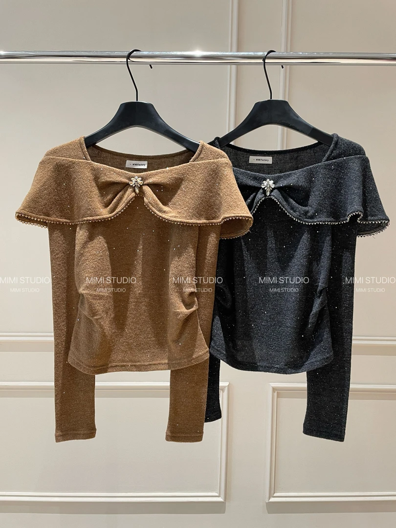 2025冬新款巨好看江浙沪千金穿搭设计感钉珠镶钻打底外穿上衣996#