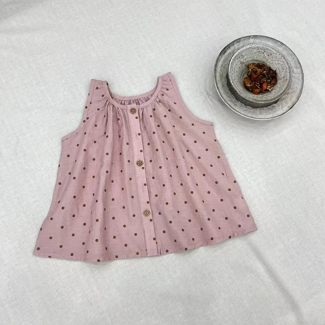 【姐姐家】25夏款儿童萌娃穿搭波点无袖娃娃衫衬衫jx1820