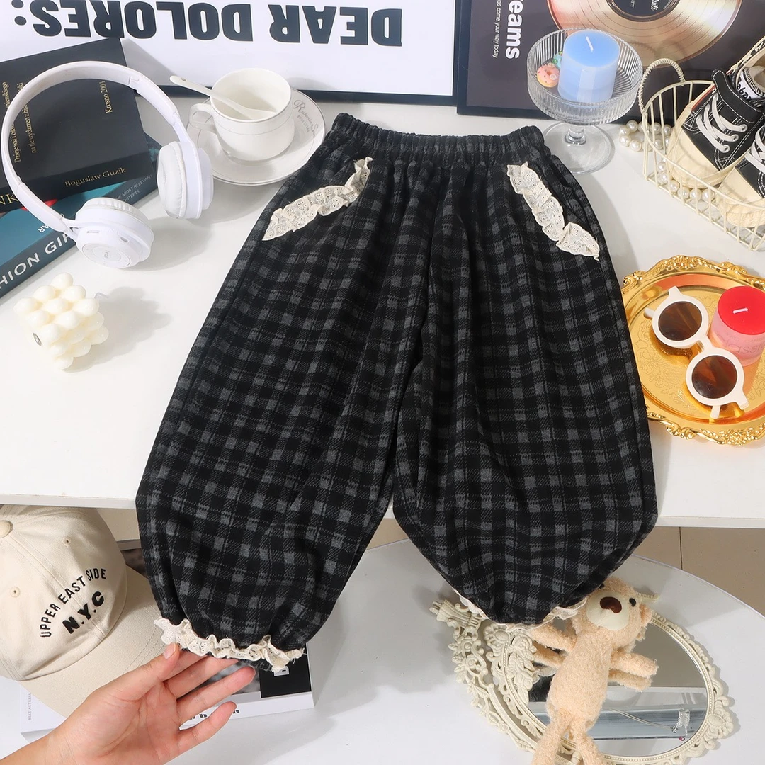 花边格子裤女童秋季新款长裤宽松灯笼裤束脚裤韩版时尚百搭休闲裤