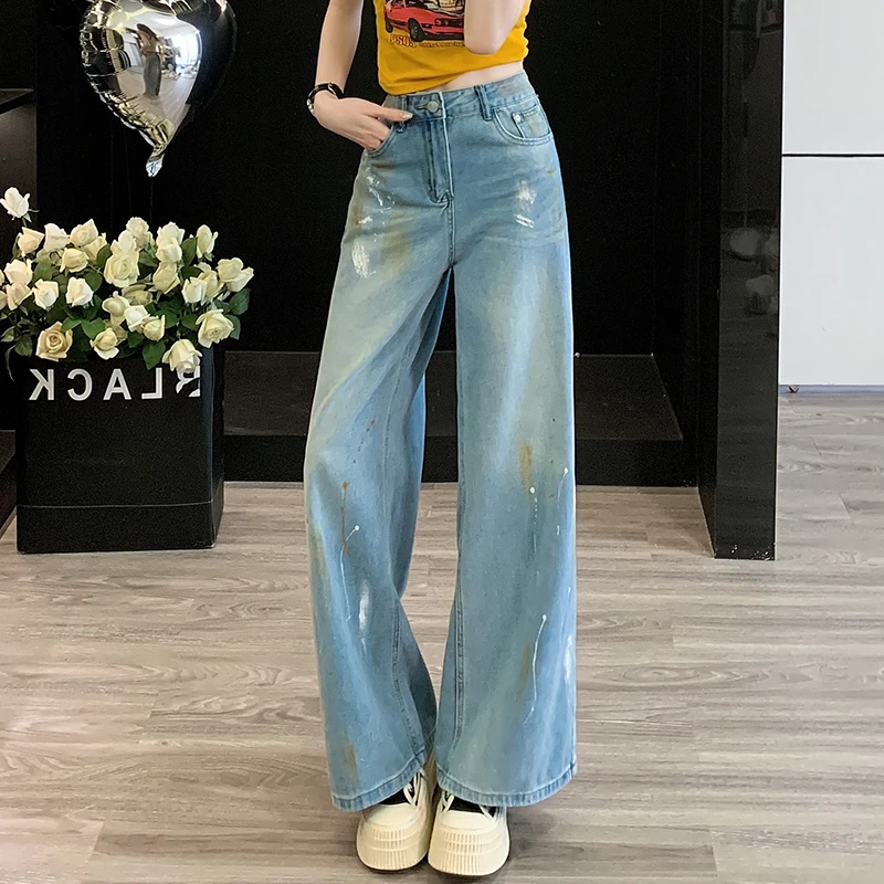泼墨涂鸦阔腿牛仔裤女2025年新款高腰宽松显瘦小众设计感直筒裤子