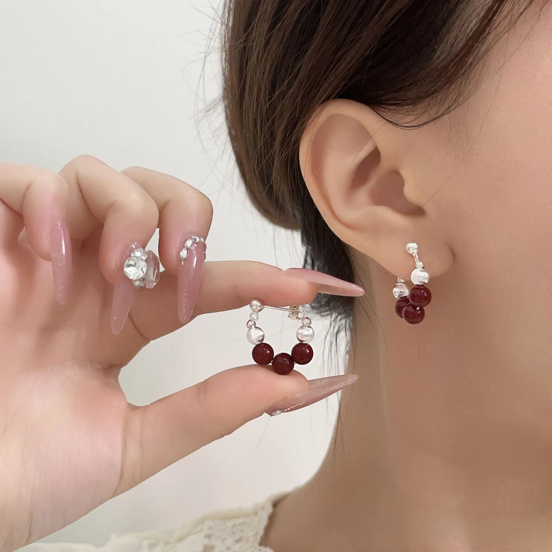 925银仿珍珠耳饰 s925银【安可拉红猫眼拉丝】耳钉复古小众耳环女款