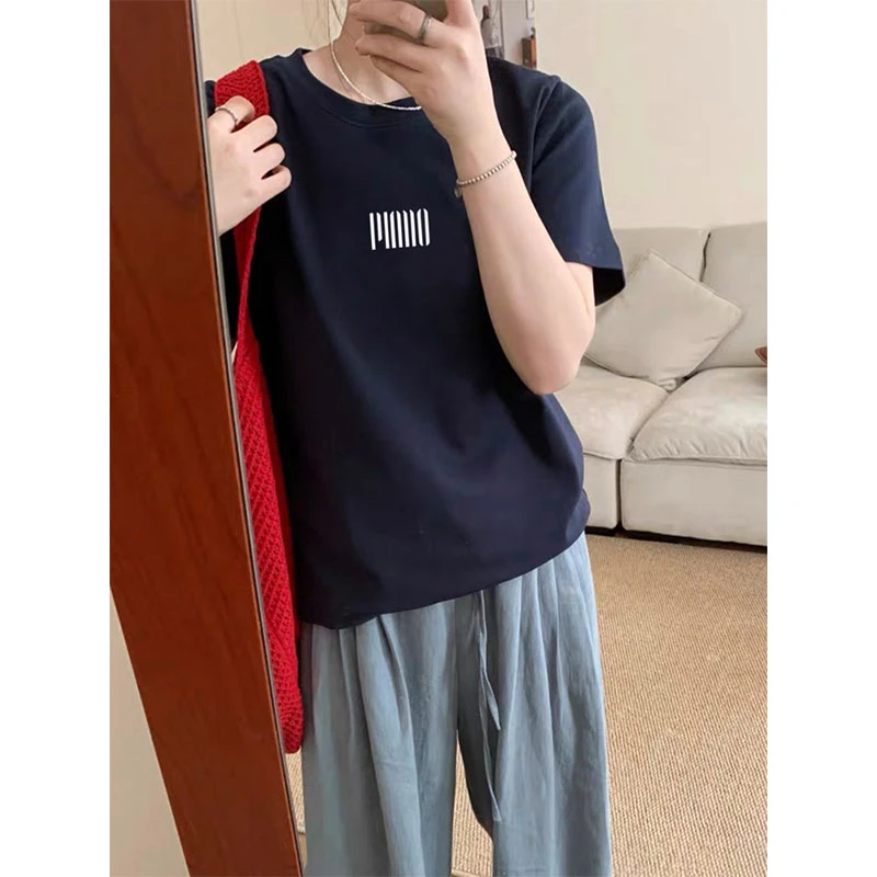 正肩简约短袖t恤女装2025新款时尚百搭洋气藏青色薄款上衣夏季潮