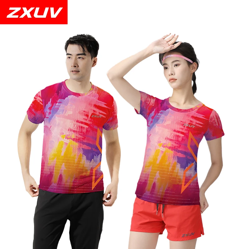 ZXUV魔方格炫彩马拉松跑步户外运动男女圆领短袖T透气夏季宽松