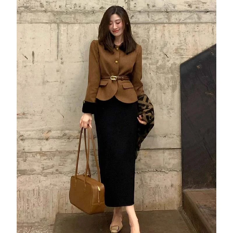 【ZY】【两件套】【送腰带】小香风外套半身裙高级感小洋装两件套D3620