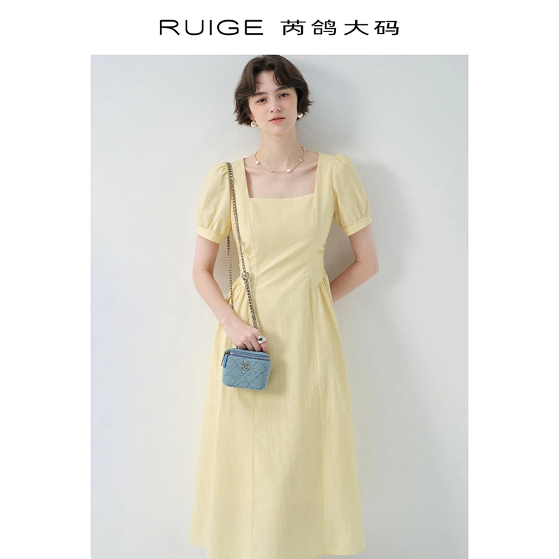 芮鸽微胖定制法式连衣裙正肩短袖A字长裙女修身胖mm裙子0655DN