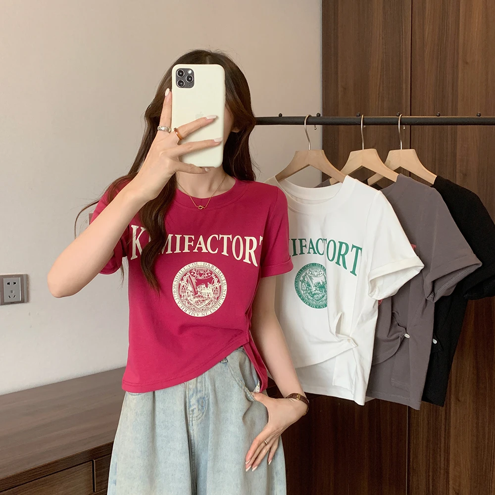 2025年大码女装t恤夏季印花圆领设计感短袖T恤2098